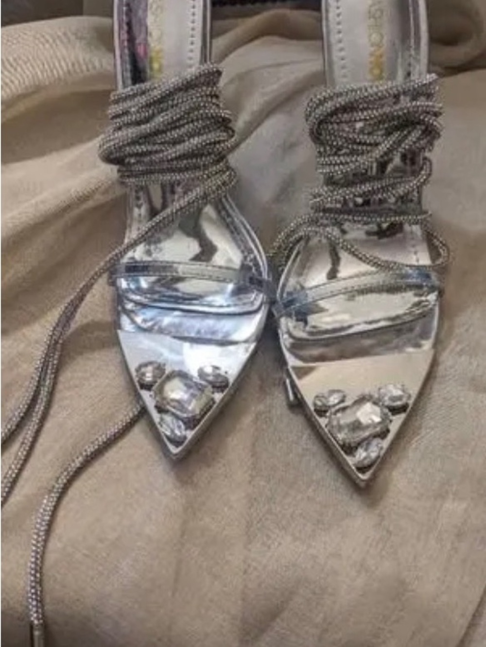 Fashion Nova Silver Mirrored Pointed Toe Lace-Up Heels with Crystal Accents